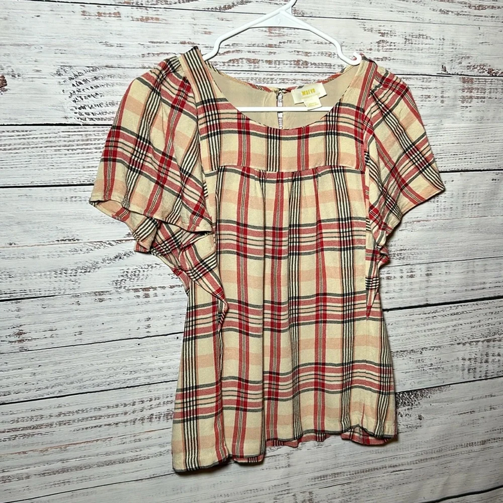 Maeve Priscilla Plaid Flutter Sleeve Top from Anthropologie Small